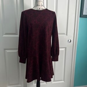 LOFT Black and Red A-line Midi Dress with Bishop Sleeves